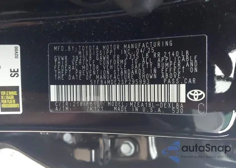 2025 Toyota Corolla Le z USA, uszkodzony, nr VIN 5YFB4MDE2SP295993